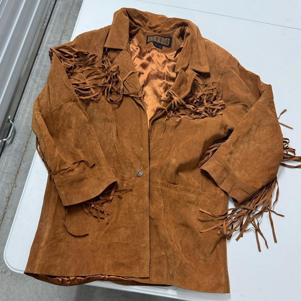 Studio Fringe Suede Jacket Womens Medium Brown Excellent Western Boho Coat